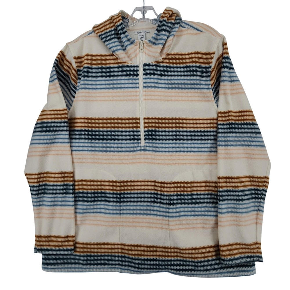 O'Neill XXL White Striped Fleece Hoodie 1/4 Zip Pullover Surfer Coastal Gorpcore